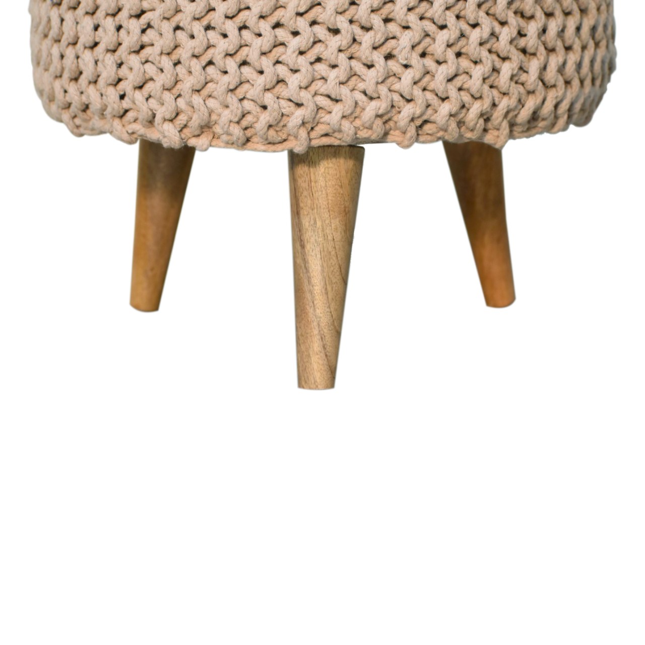 Solid Mango Wood Oak Finish Keeva Beige Round Footstool - Image 6