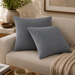 Solid Mango Wood Set of 2 Ribbed Grey Cushions