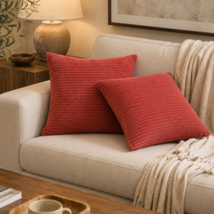 Solid Mango Wood Set of 2 Ribbed Red Cushions