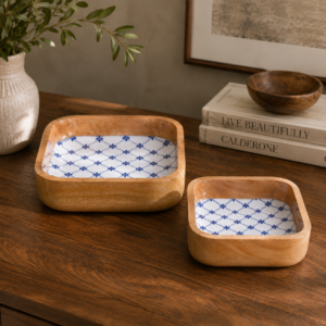 Solid Mango Wood Oak Finished Set of 2 Blue and White Square Bowls
