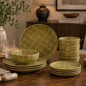Solid Mango Wood Olive Green 12 Piece Dahlia Plate Set