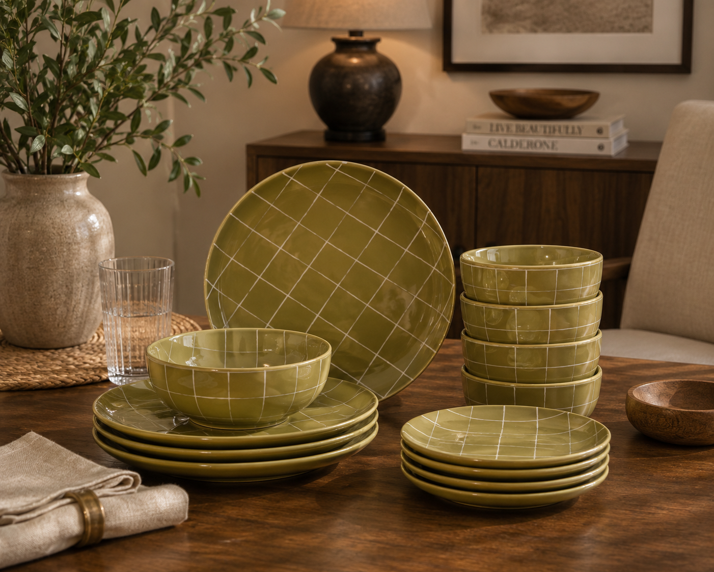Solid Mango Wood Olive Green 12 Piece Dahlia Plate Set
