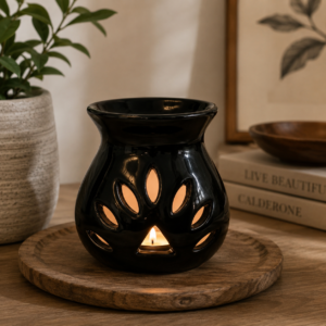 Solid Mango Wood Black Oil Burner Set (Lotus) Ylang Ylang, White Lotus, Lavender