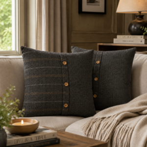 Solid Mango Wood Quinn Pewter & Black Tweed Set of 2 Cushions