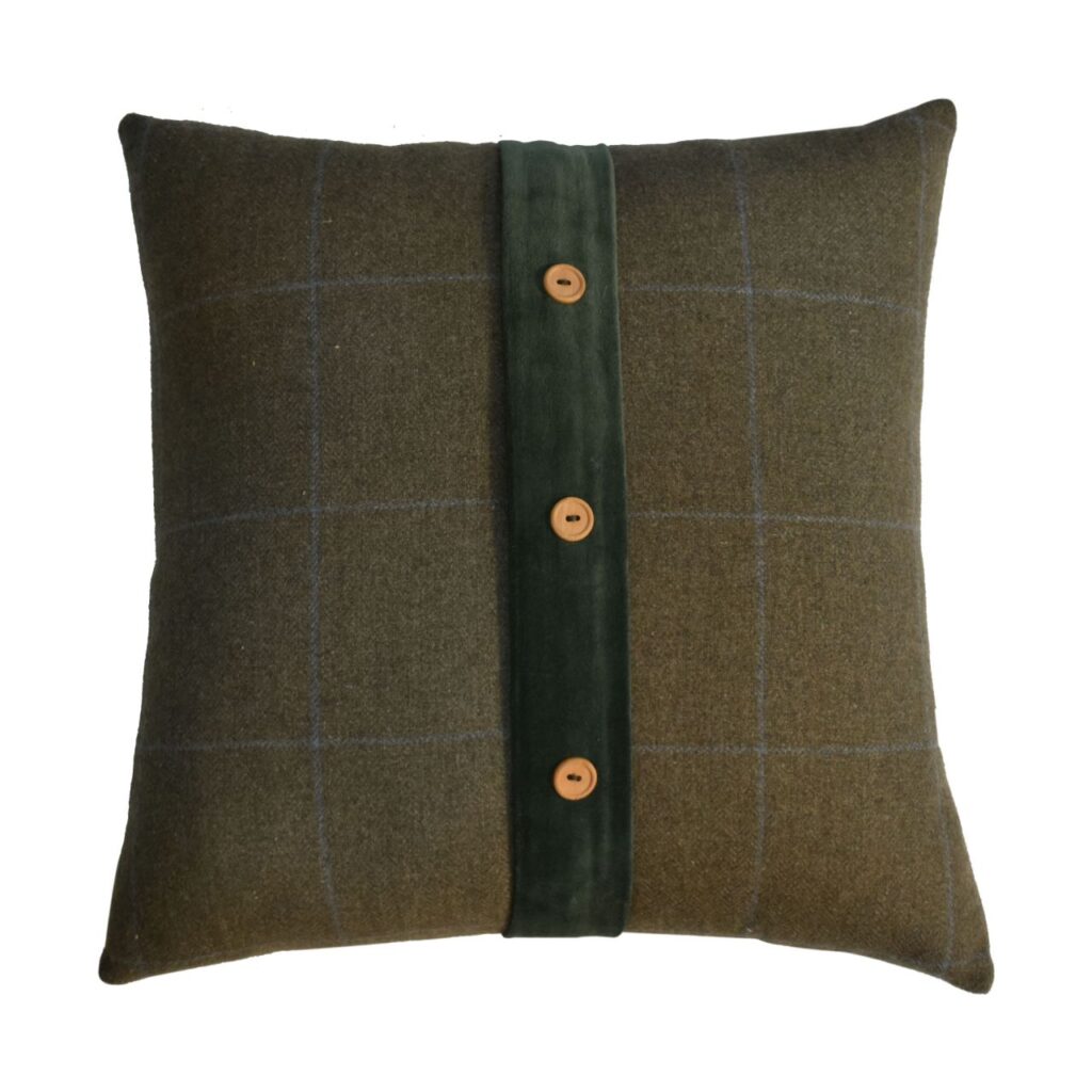 Solid Mango Wood Quinn Cushion Set of 2 - Green Olive Tartan & Green Velvet