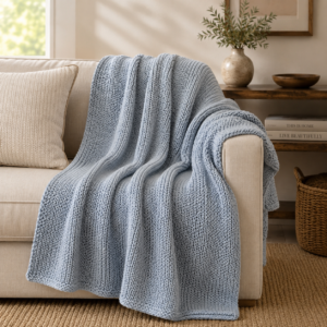 Solid Mango Wood Double Blue Knit Throw