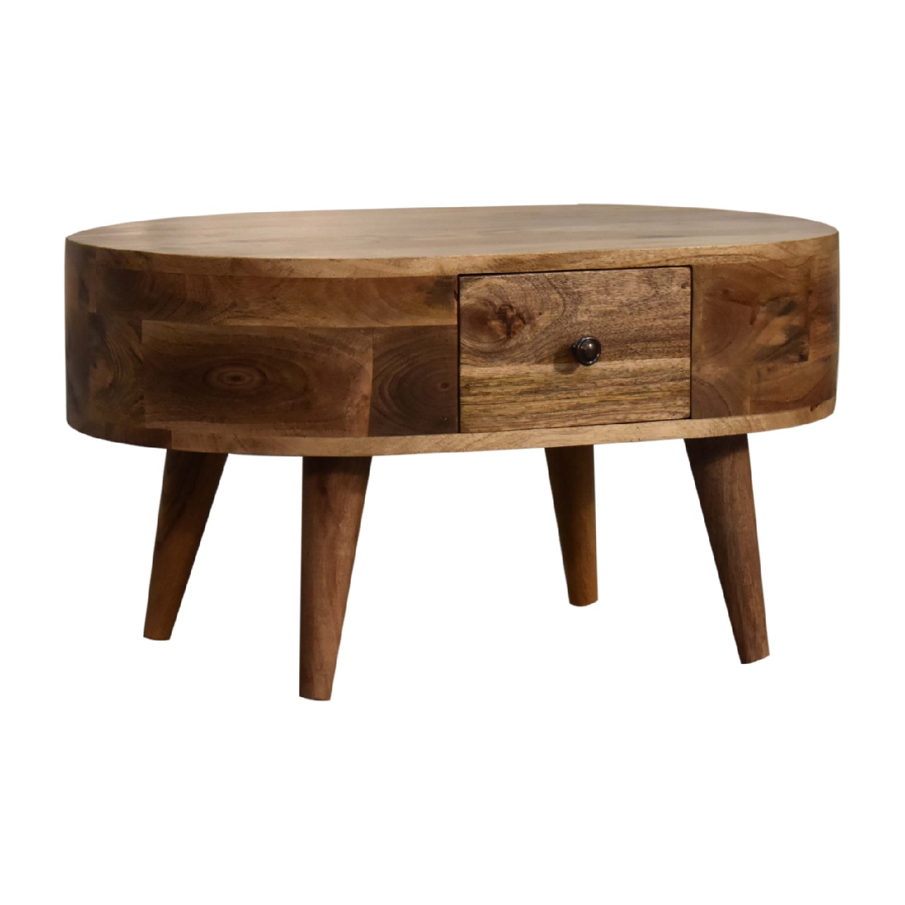 Solid Mango Wood Oak Finished 2 Drawer Rounded Coffee Table - Image 2