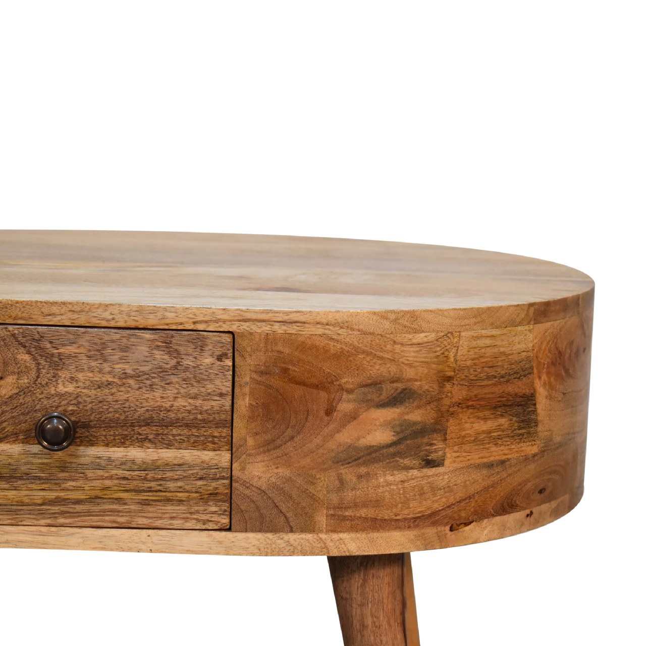 Solid Mango Wood Oak Finished 2 Drawer Rounded Coffee Table - Image 3