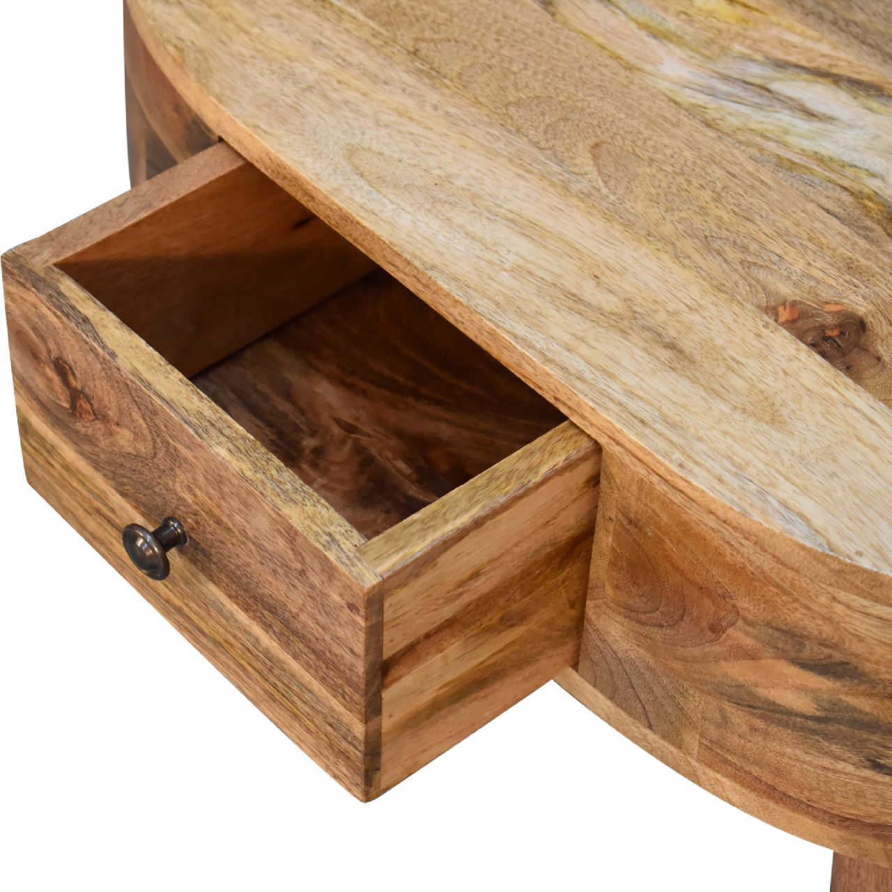 Solid Mango Wood Oak Finished 2 Drawer Rounded Coffee Table - Image 5