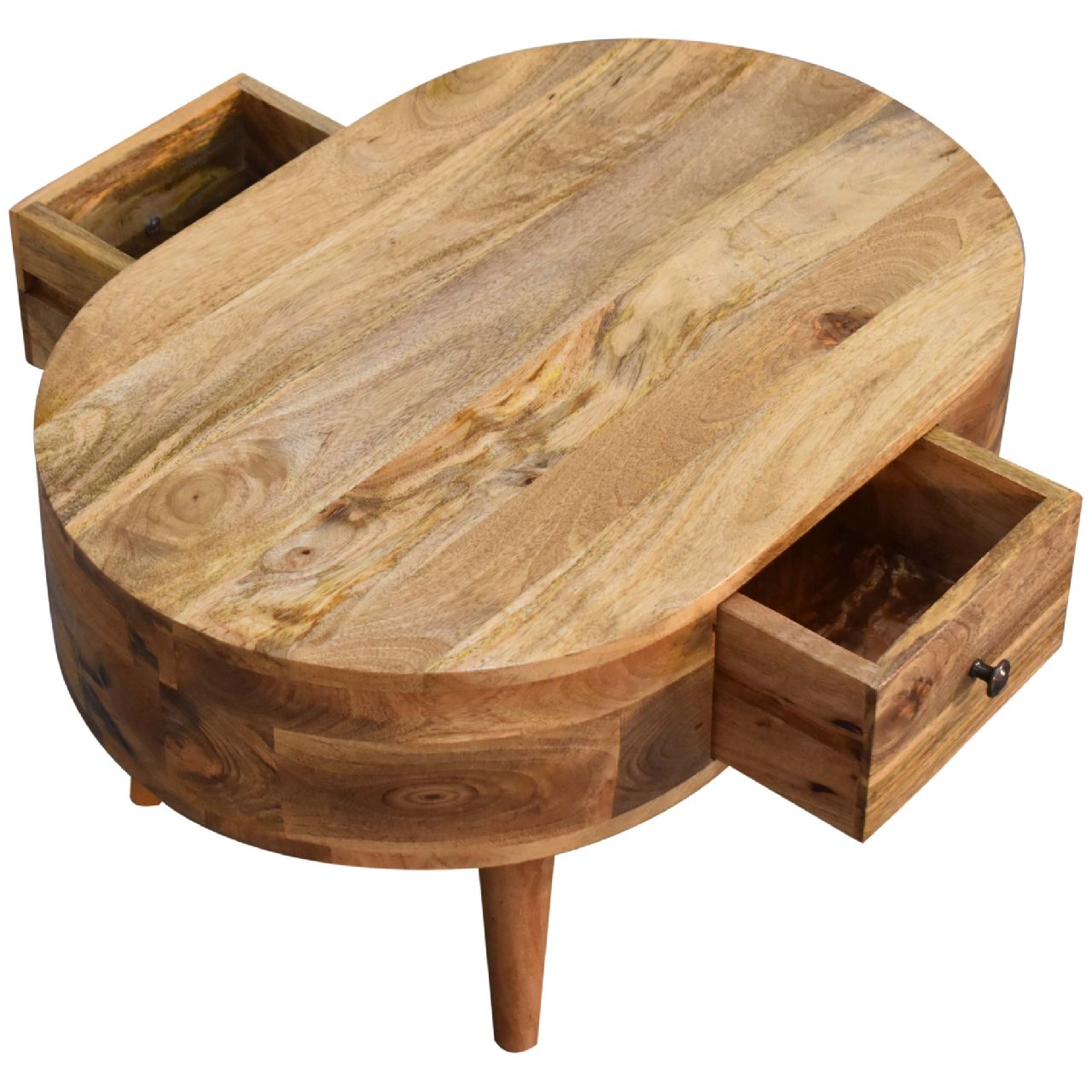 Solid Mango Wood Oak Finished 2 Drawer Rounded Coffee Table - Image 6