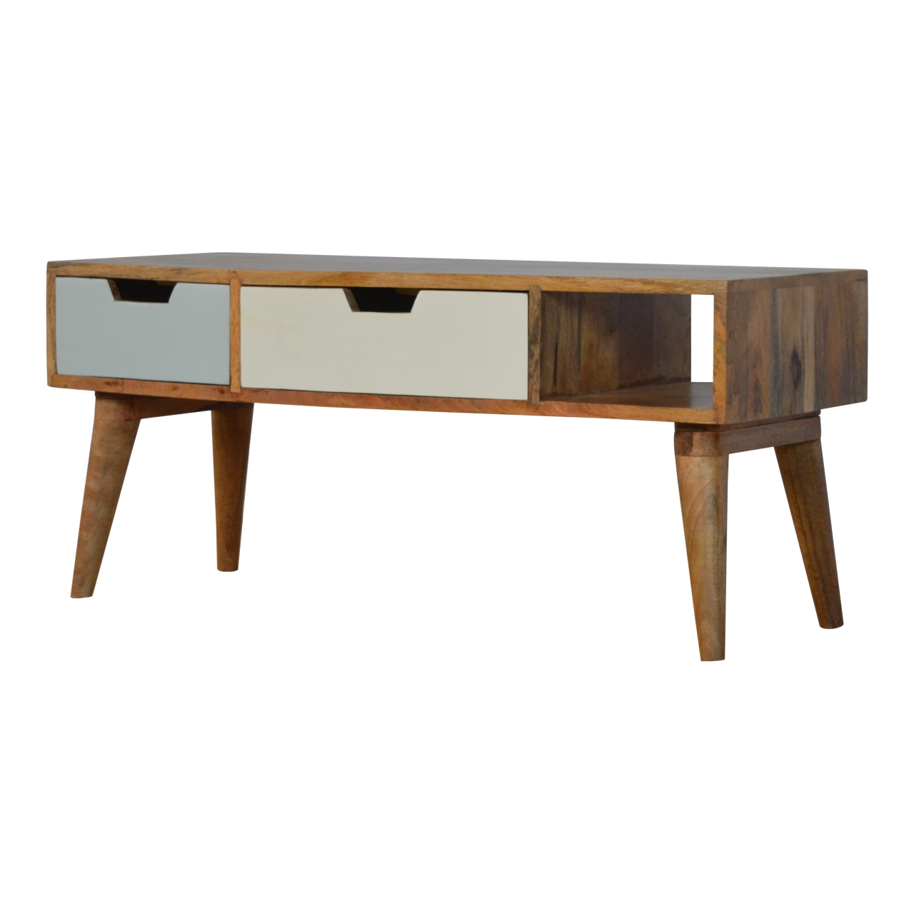 Solid Mango Wood Oak Finished Green & White Hand Painted 2 Drawer 1 Slot Media Unit - Image 2