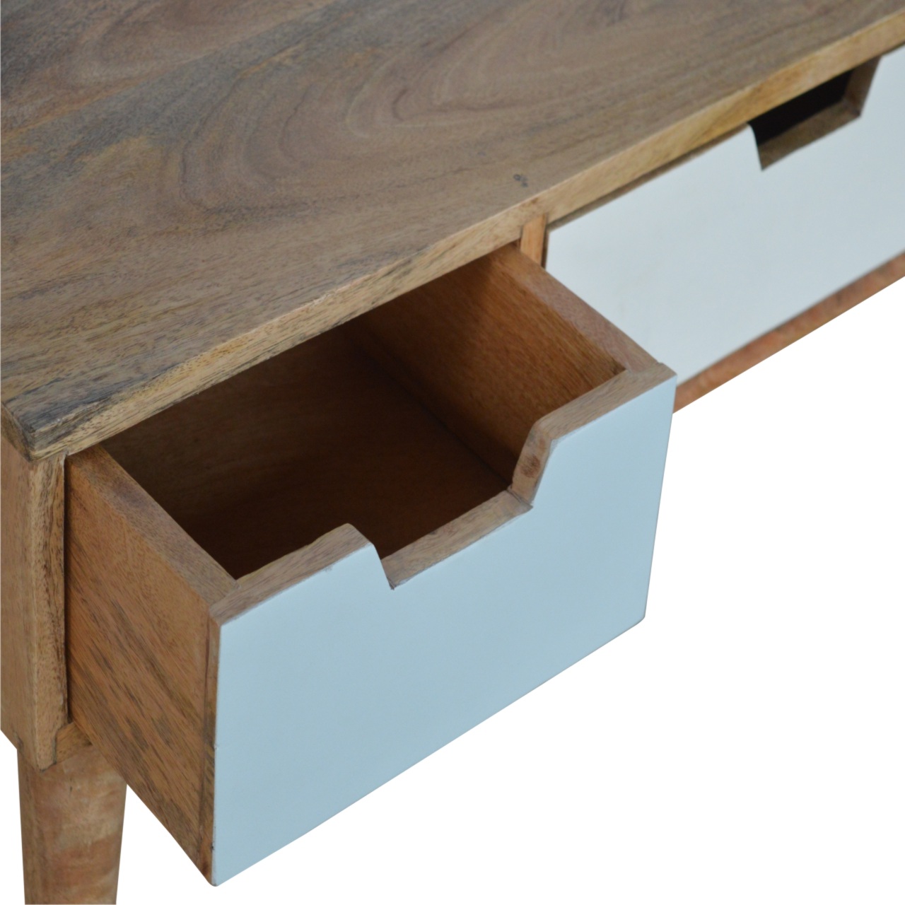 Solid Mango Wood Oak Finished Green & White Hand Painted 2 Drawer 1 Slot Media Unit - Image 3