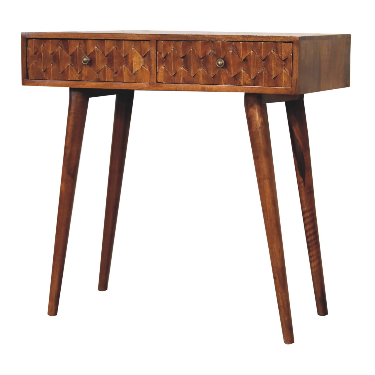 Solid Mango Wood Chestnut Finished Pineapple Carved 2 Drawer Console Table - Image 3