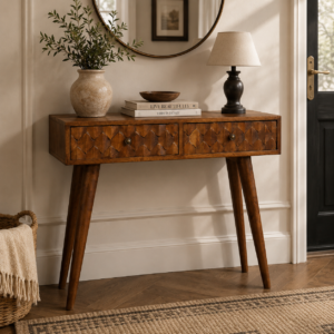 Solid Mango Wood Chestnut Finished Pineapple Carved 2 Drawer Console Table