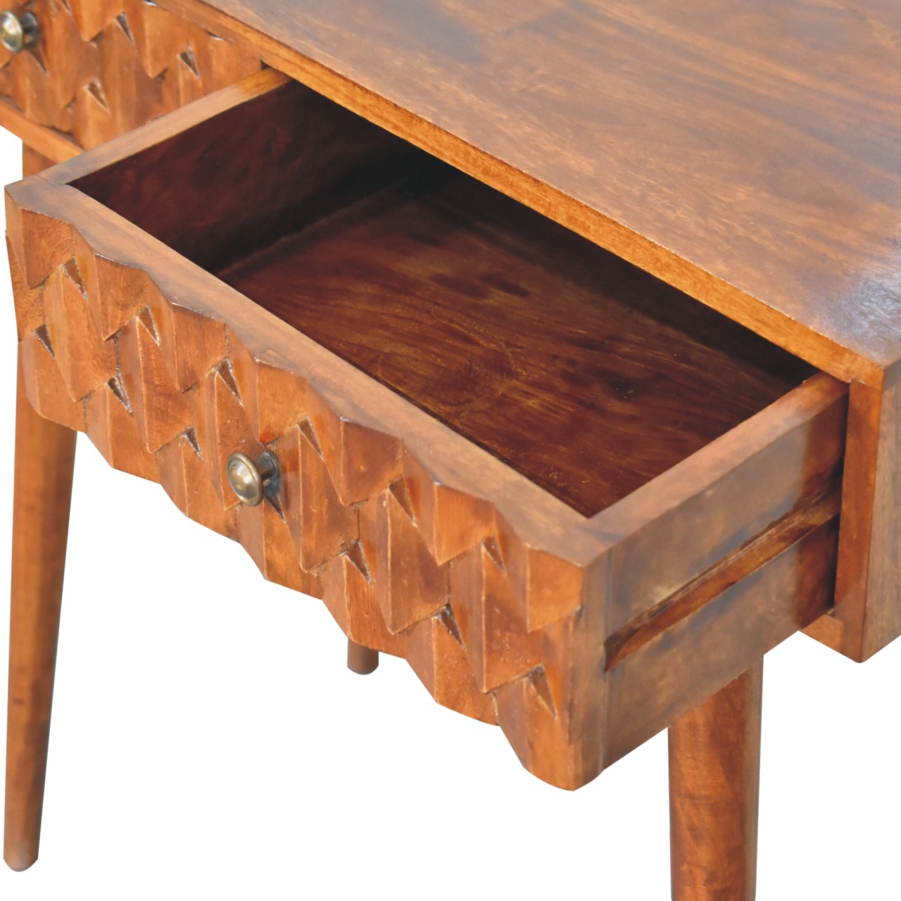 Solid Mango Wood Chestnut Finished Pineapple Carved 2 Drawer Console Table - Image 5