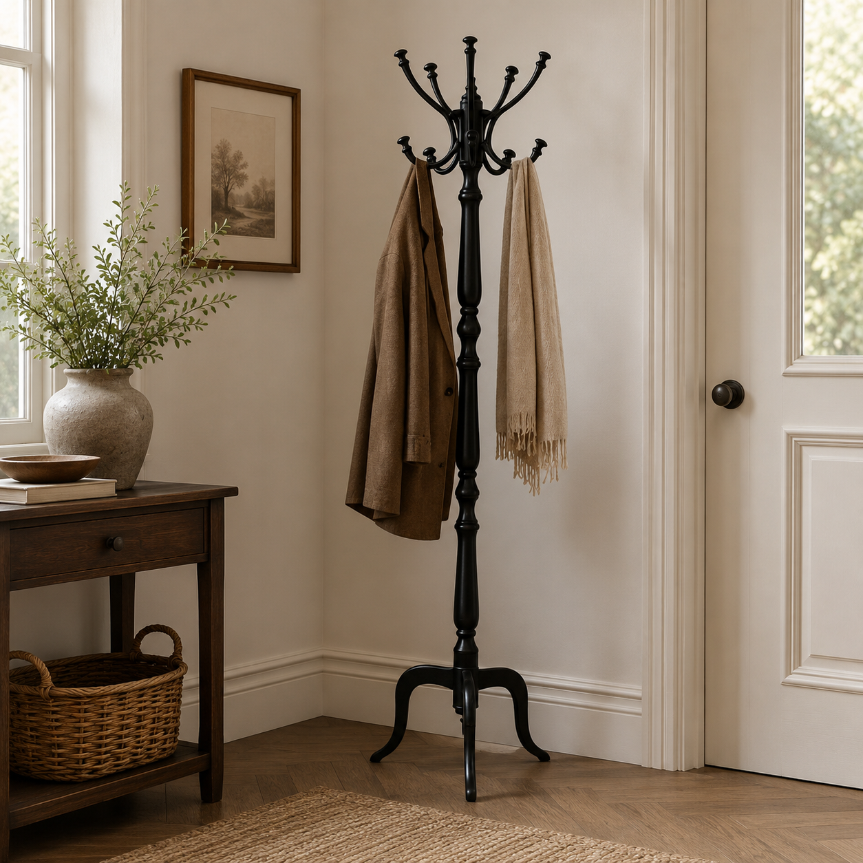 Solid Mango Wood Black Metal/Alloy Coat Stand