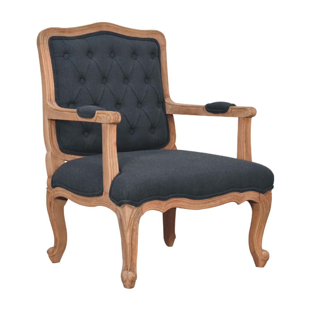 Solid Mango Wood Sun Bleached Finished Navy Blue Linen French Style Chair - Image 2