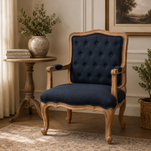Solid Mango Wood Sun Bleached Finished Navy Blue Linen French Style Chair