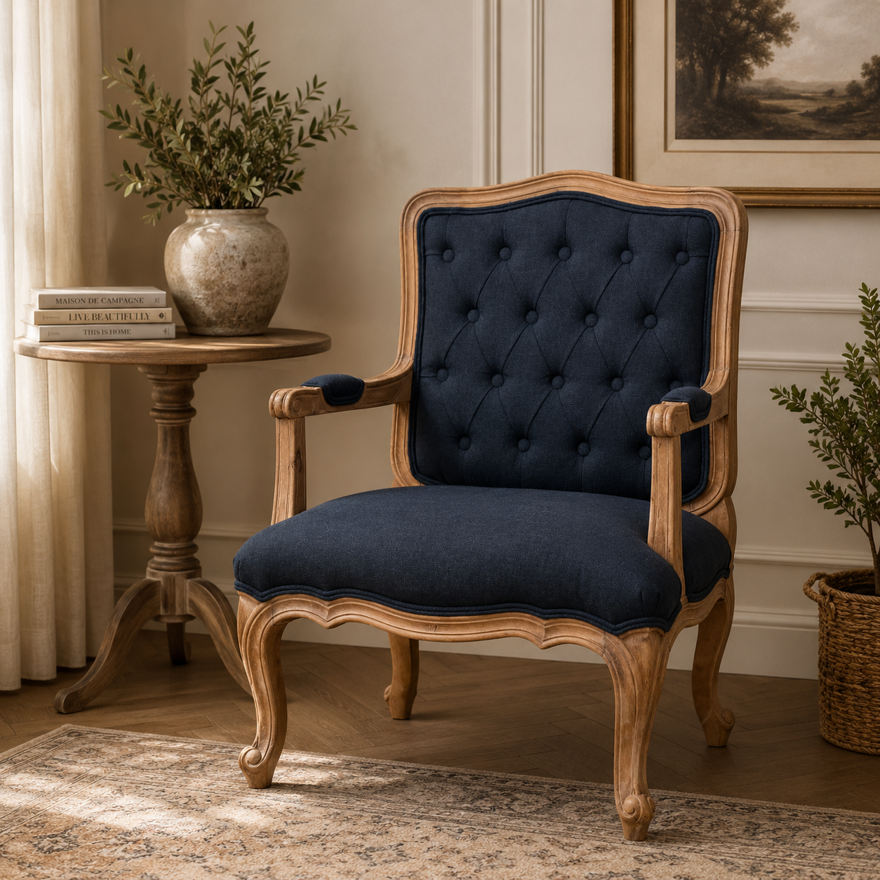 Solid Mango Wood Sun Bleached Finished Navy Blue Linen French Style Chair