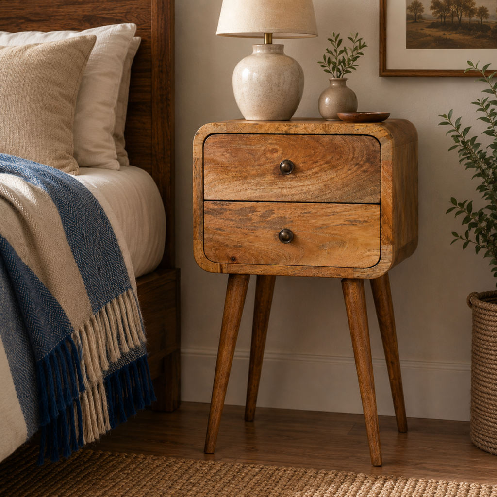Solid Mango Wood  Oak Finished 2 Drawer Mini Curved Bedside
