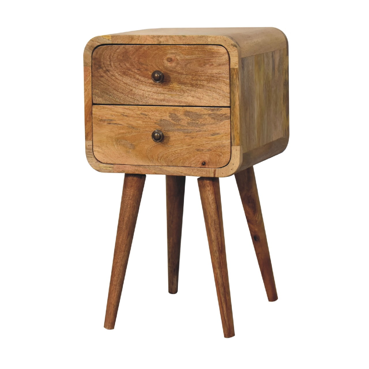 Solid Mango Wood Oak Finished 2 Drawer Mini Curved Bedside - Image 2