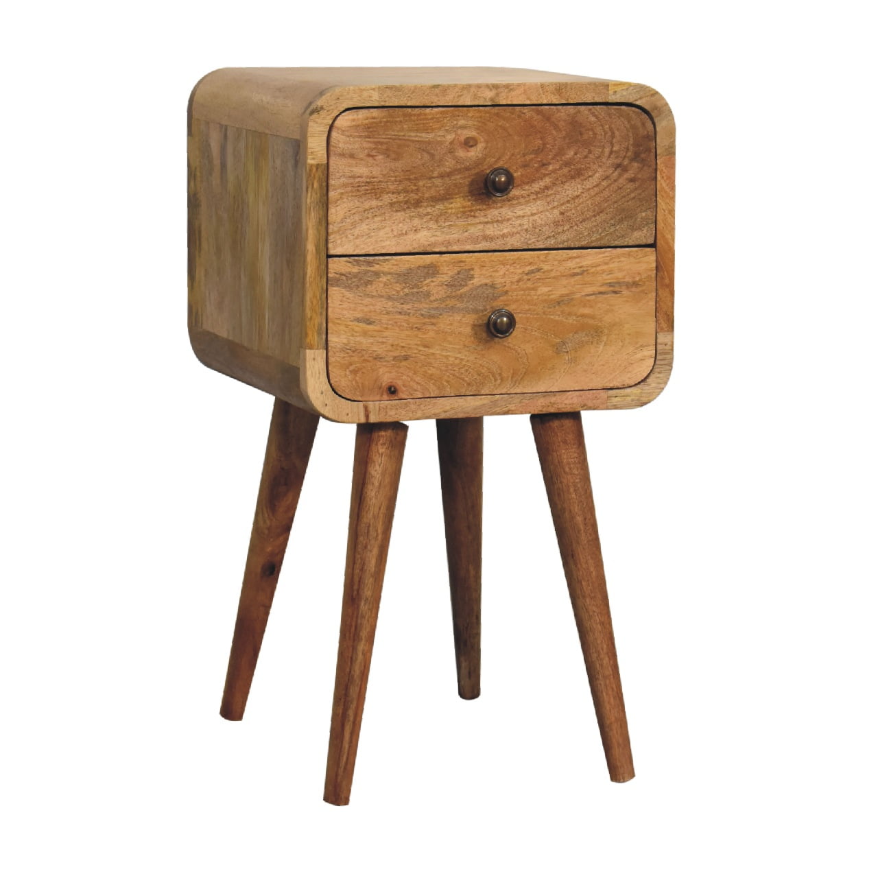 Solid Mango Wood Oak Finished 2 Drawer Mini Curved Bedside - Image 3