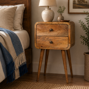 Solid Mango Wood  Oak Finished 2 Drawer Mini Curved Bedside