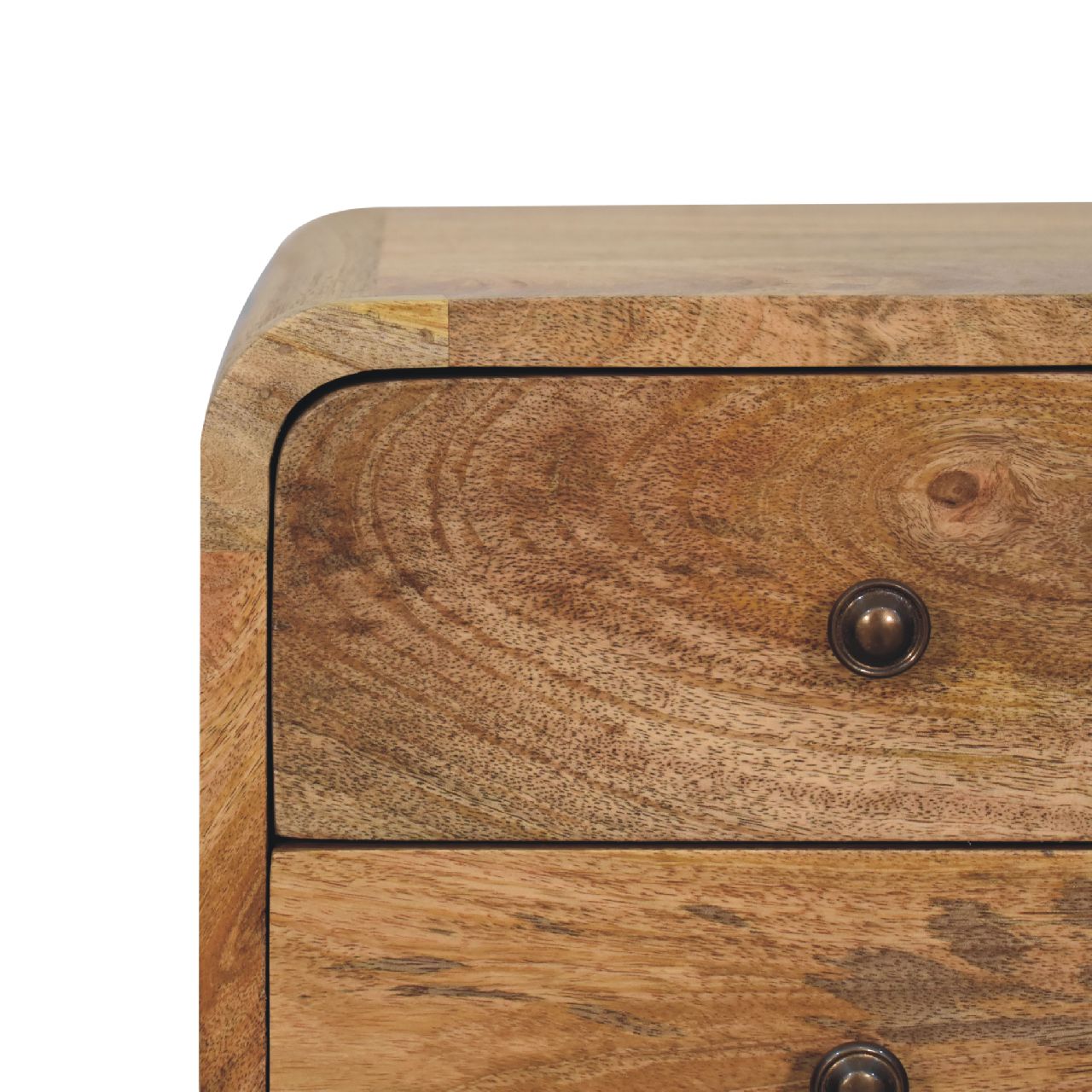 Solid Mango Wood Oak Finished 2 Drawer Mini Curved Bedside - Image 4