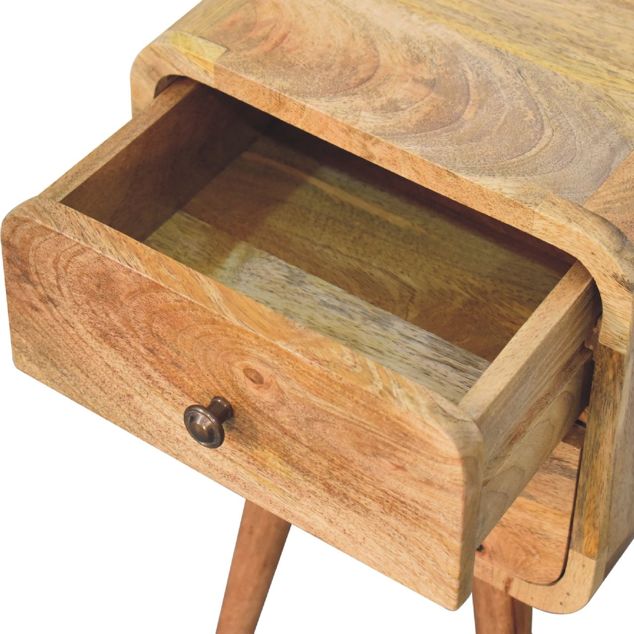 Solid Mango Wood Oak Finished 2 Drawer Mini Curved Bedside - Image 5