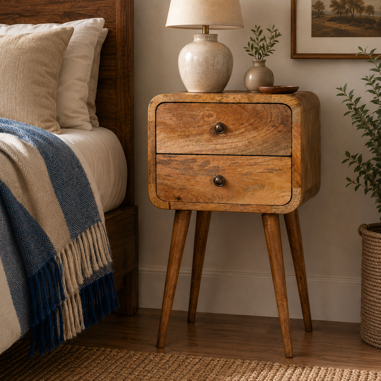 Solid Mango Wood Oak Finished 2 Drawer Mini Curved Bedside