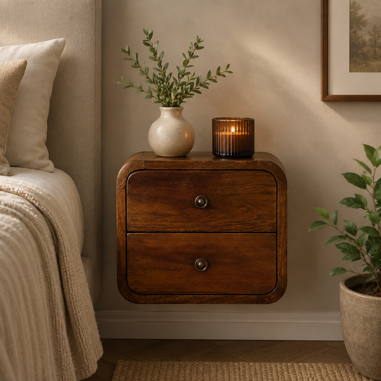 Solid Mango Wood Chestnut Finished 2 Drawer Floating Mini Bedside