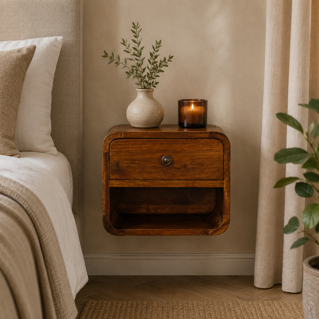 Solid Mango Wood Cheshnut Finished Mini Curved Floating Bedside
