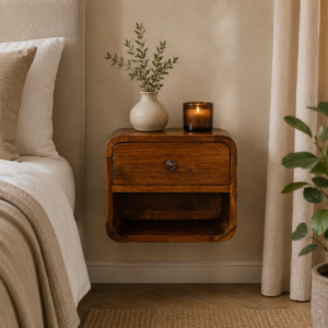 Solid Mango Wood Cheshnut Finished Mini Curved Floating Bedside