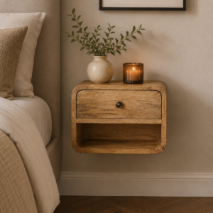Solid Mango Wood Oak Finished 1 Drawer 1 Slot Mini Floating Open Bedside