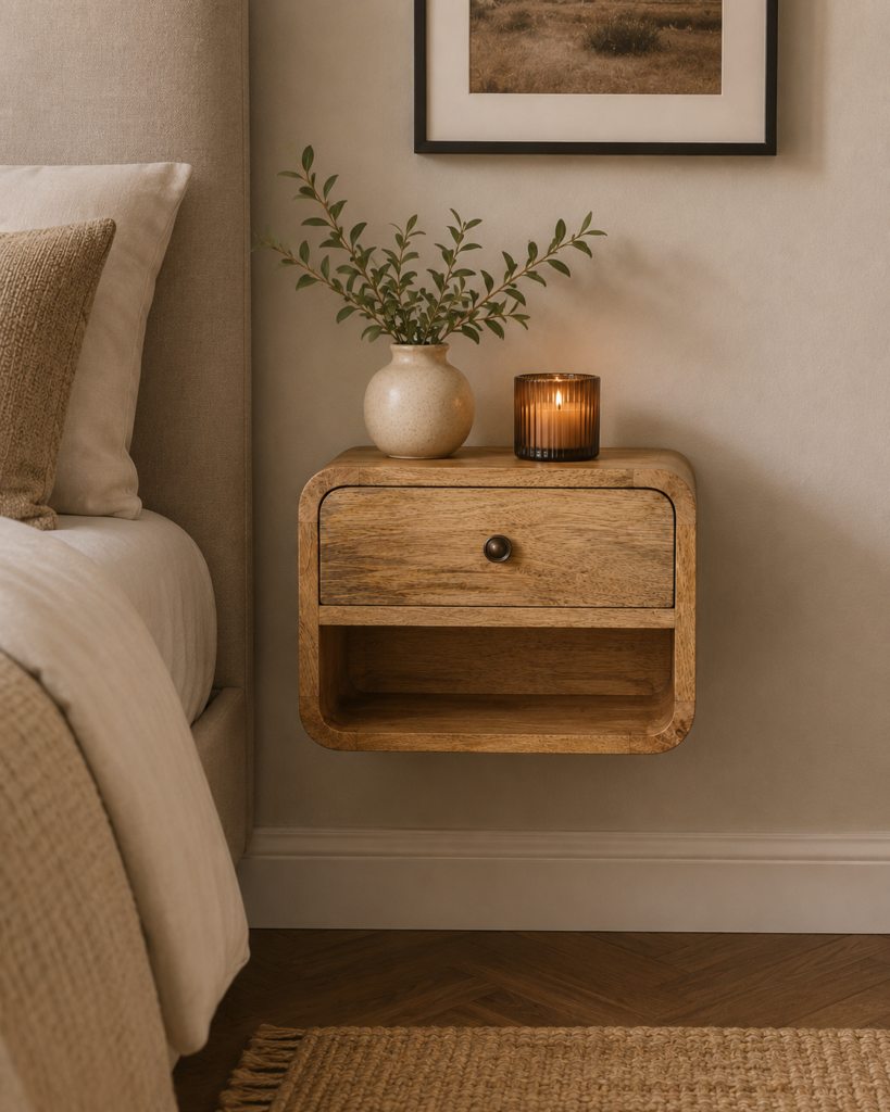 Solid Mango Wood Oak Finished 1 Drawer 1 Slot Mini Floating Open Bedside
