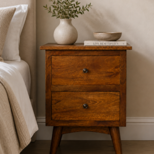 Solid Mango Wood Chestnut Finished 2 Drawer Bedside