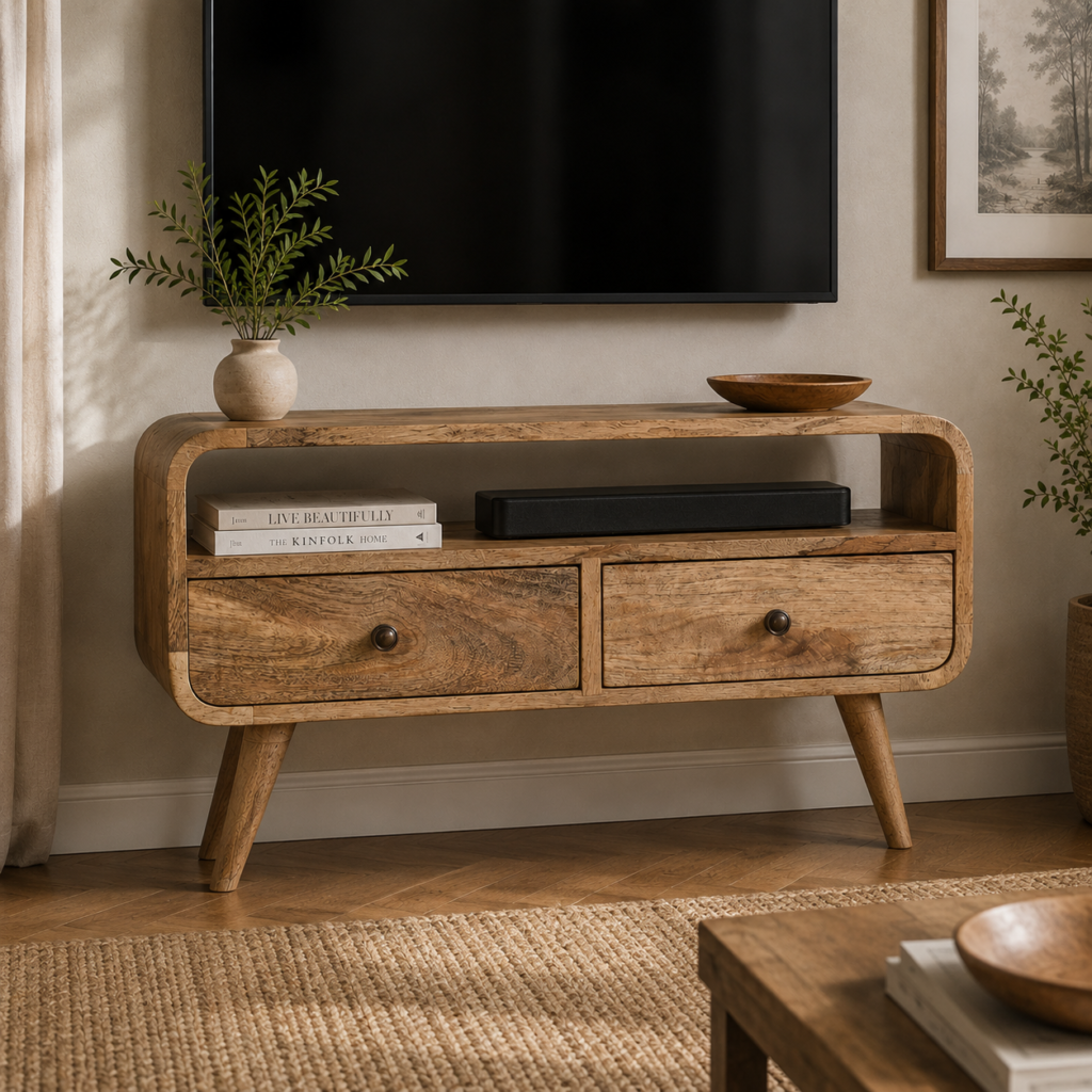 Solid Mango Wood Oak Finished 2 Drawer Mini Curved  Media Unit