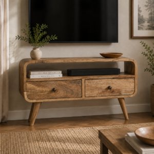 Solid Mango Wood Oak Finished 2 Drawer Mini Curved Media Unit