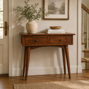 Solid Mango Wood Chestnut Finished 2 Drawer Mini Hallway Console