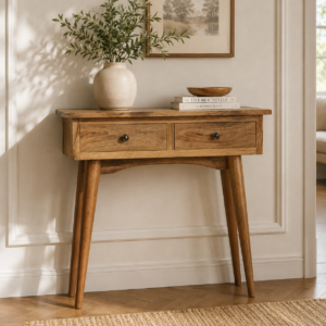 Solid Mango Wood Oak Finished 2 Drawer Mini Hallway Console Table