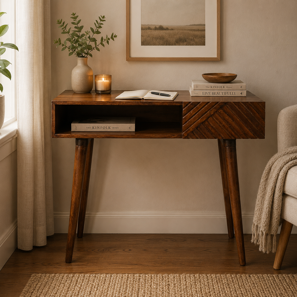 Solid Mango Wood Chestnut Finished Lille 1 Drawer 1 Slot Writing Desk