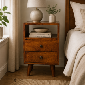 Solid Mango Wood Chestnut Finished 2 Drawer 1 Slot Mini Classic Bedside