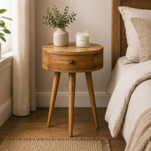 Solid Mango Wood Oak Finished 1 Drawer Mini Circular Shape Bedside