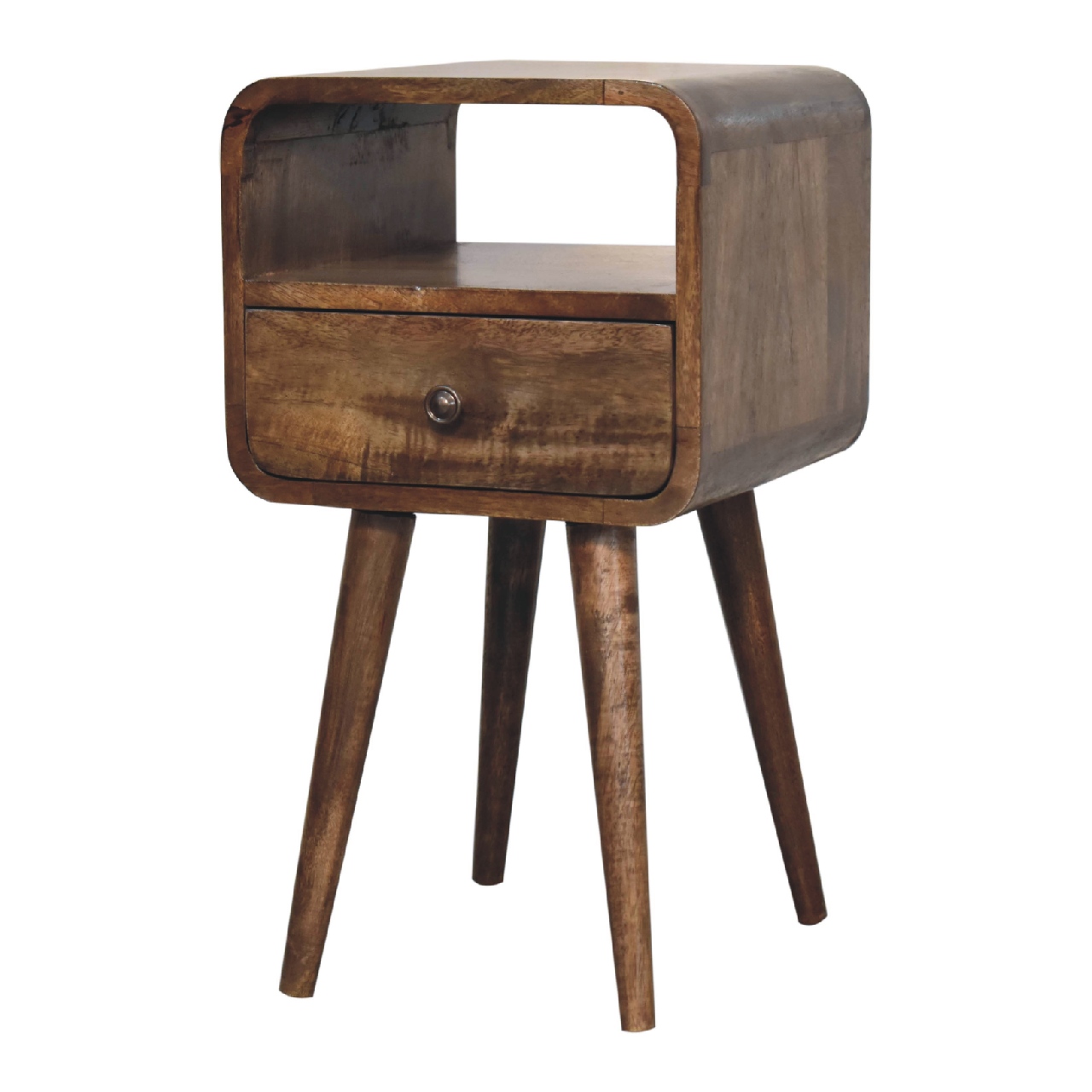 Solid Mango Wood Grey Washed 1 Drawer 1 Slot Mini Curve Open Bedside - Image 2