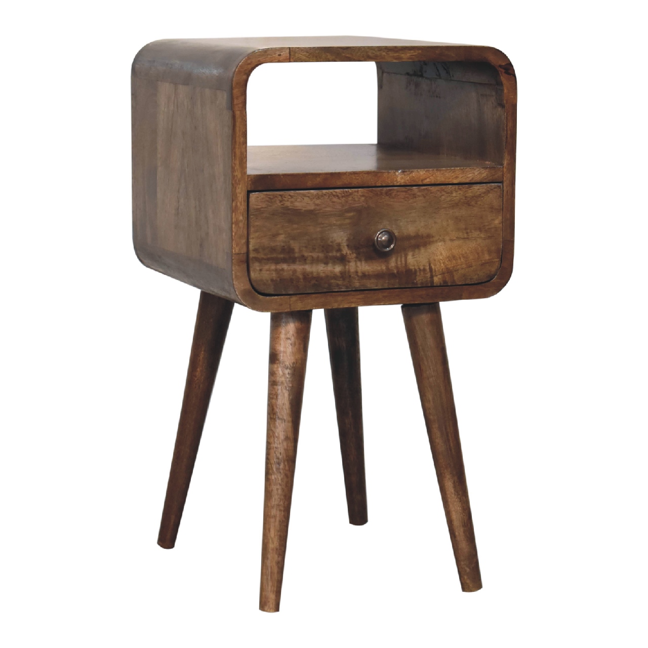 Solid Mango Wood Grey Washed 1 Drawer 1 Slot Mini Curve Open Bedside - Image 3