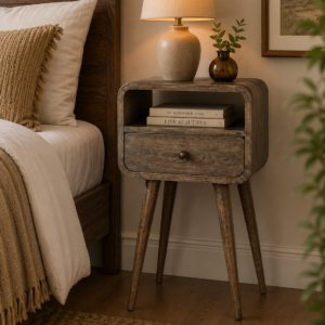 Solid Mango Wood Grey Washed 1 Drawer 1 Slot Mini Curve Open Bedside