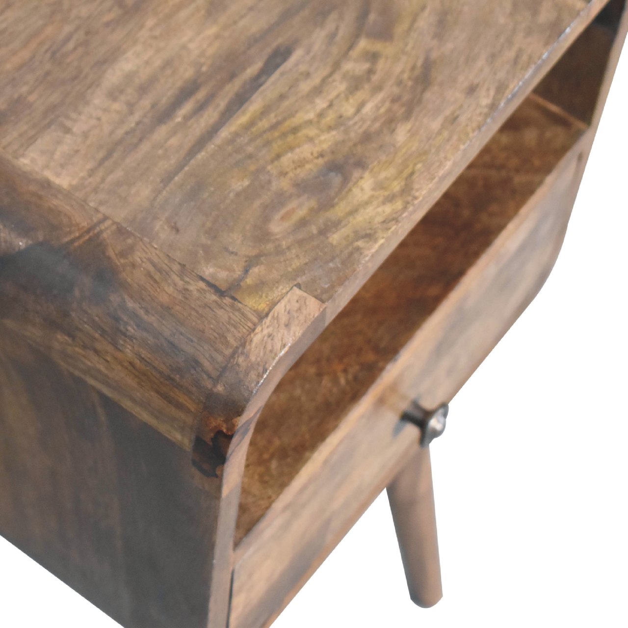 Solid Mango Wood Grey Washed 1 Drawer 1 Slot Mini Curve Open Bedside - Image 4
