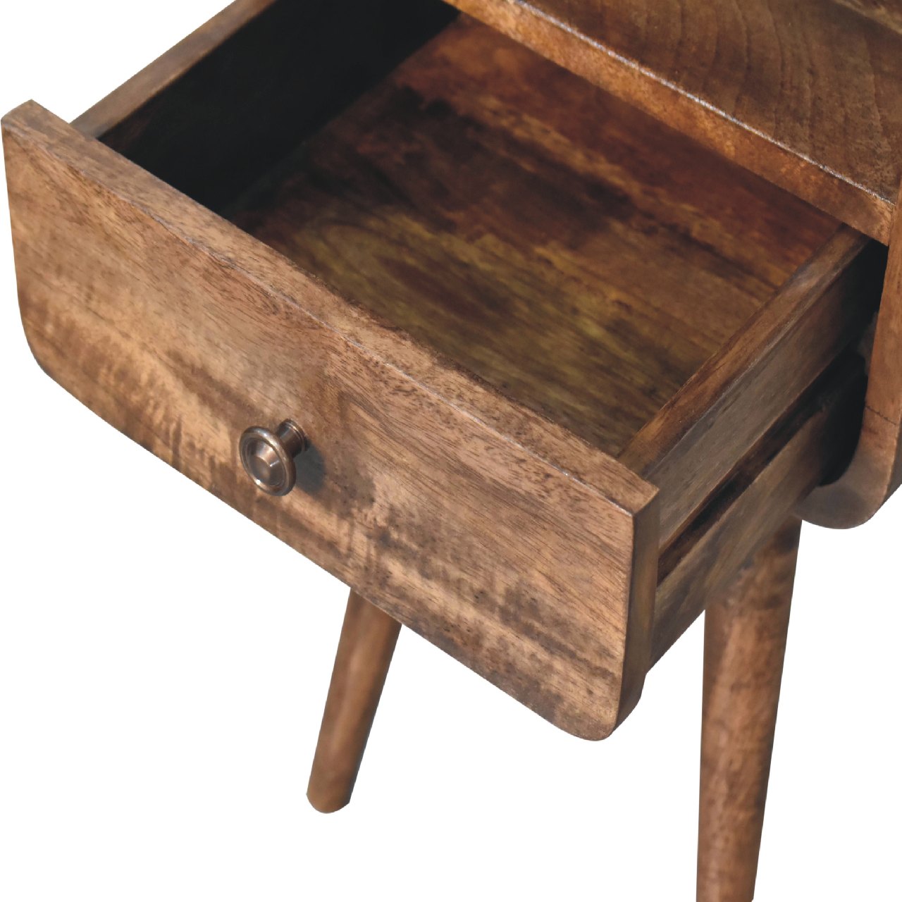 Solid Mango Wood Grey Washed 1 Drawer 1 Slot Mini Curve Open Bedside - Image 5