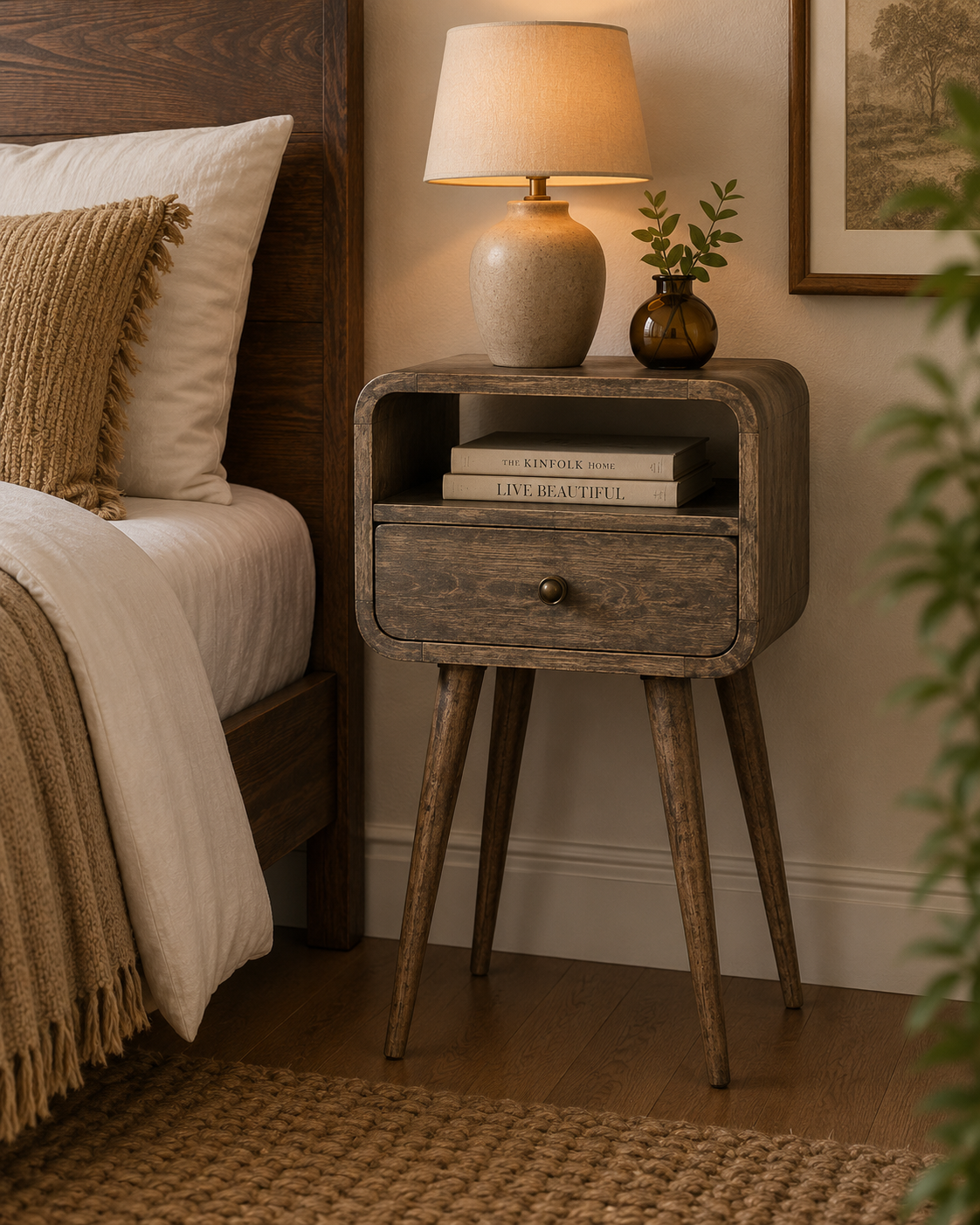 Solid Mango Wood Grey Washed 1 Drawer 1 Slot Mini Curve Open Bedside