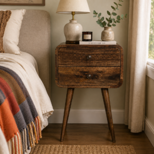 Solid Mango Wood Grey Washed 2 Drawer Mini Curved Bedside